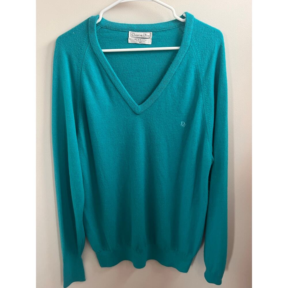 Vintage Christian Dior v neck sweater in teal mens XL